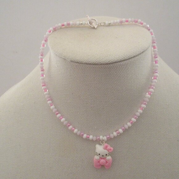PRICE DROP! Handmade Hello Kitty Inspired Pink White Bow Necklace - Picture 2 of 2